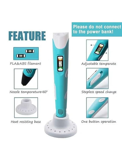 3D Pen Printer Make your Child a Creative Person, Digital Display To Adjust Temperature and Speed PLA Filament USB Charging Gifts For Kids