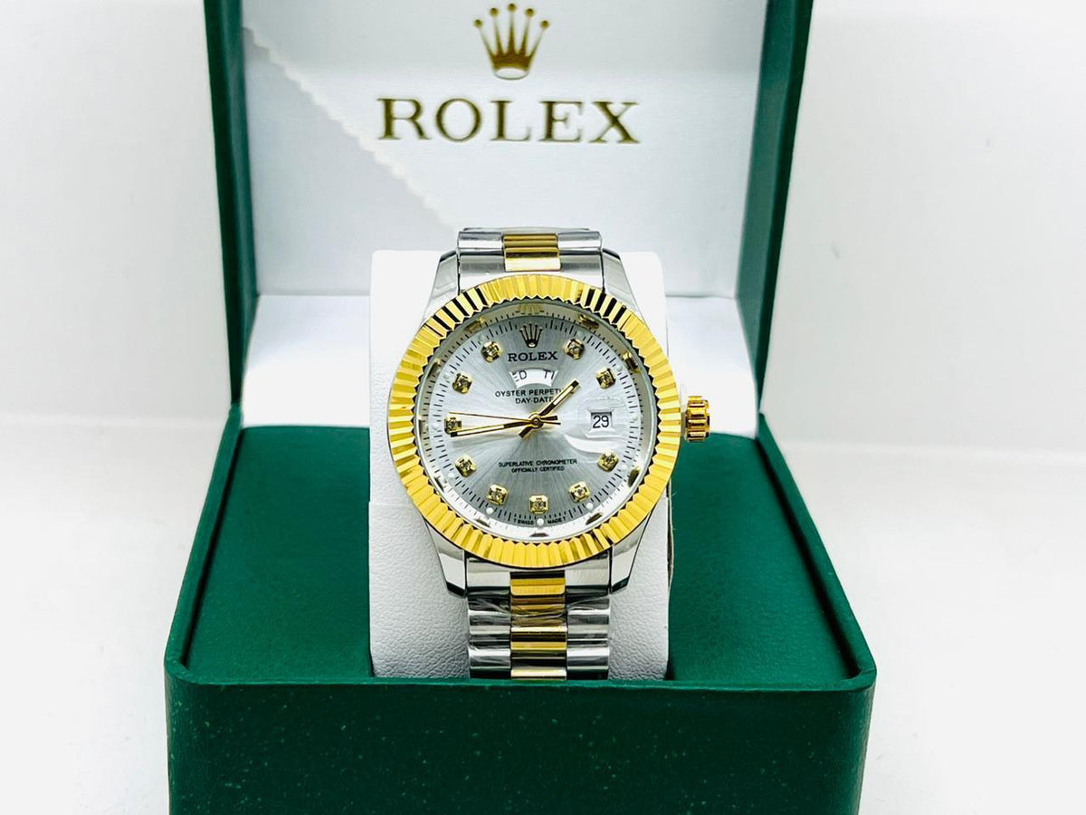 Men's Gold Watch Rolex Day-Date | Diamond | 36mm | Green MoP ساعة رولكس داي ديت ذهبية للرجال | ألماس | 36 مم | قرص أخضر من عرق اللؤلؤ